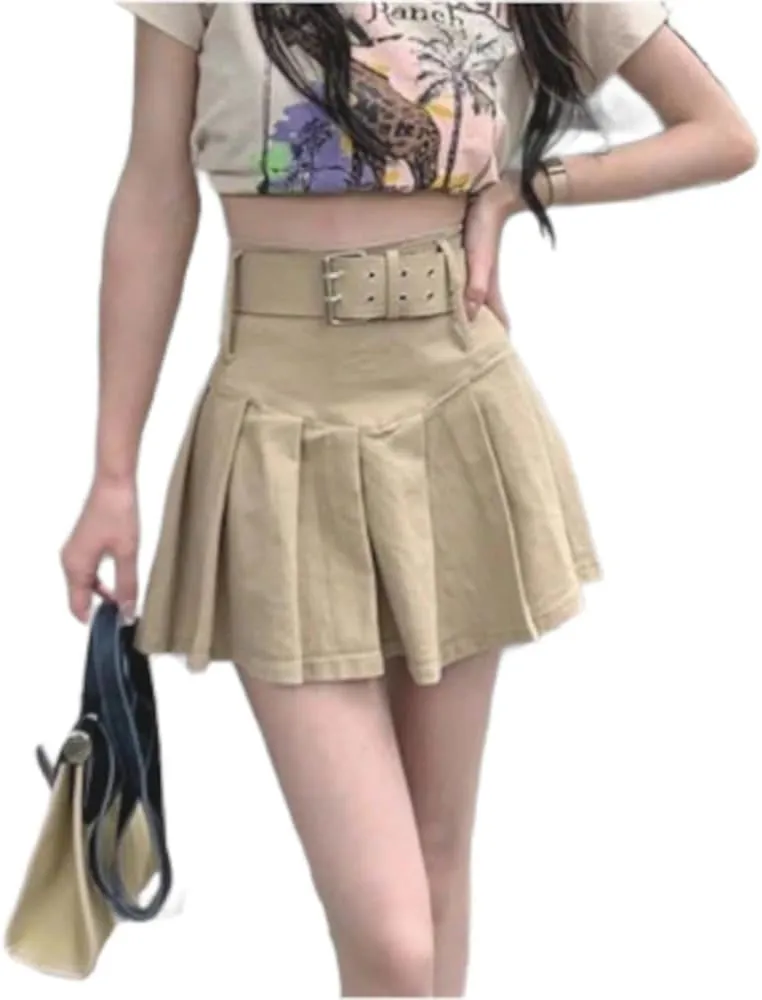 High Waist Pleated Mini Skirt with Belt  Trendy Fashionable Women's Skirt
