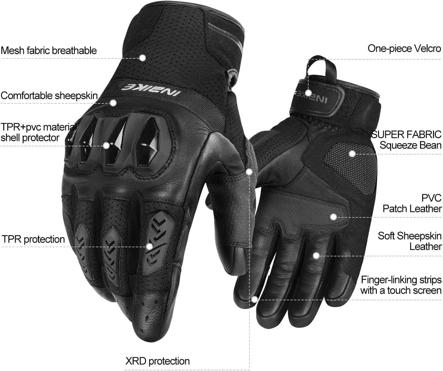 INBIKE Men's Premium Leather Motorcycle Gloves, Hard Knuckle Shell Protection, Breathable Mesh, Leather Gel Palm, Touchscreen Motorbike Riding Gloves for ATV BMX MTB