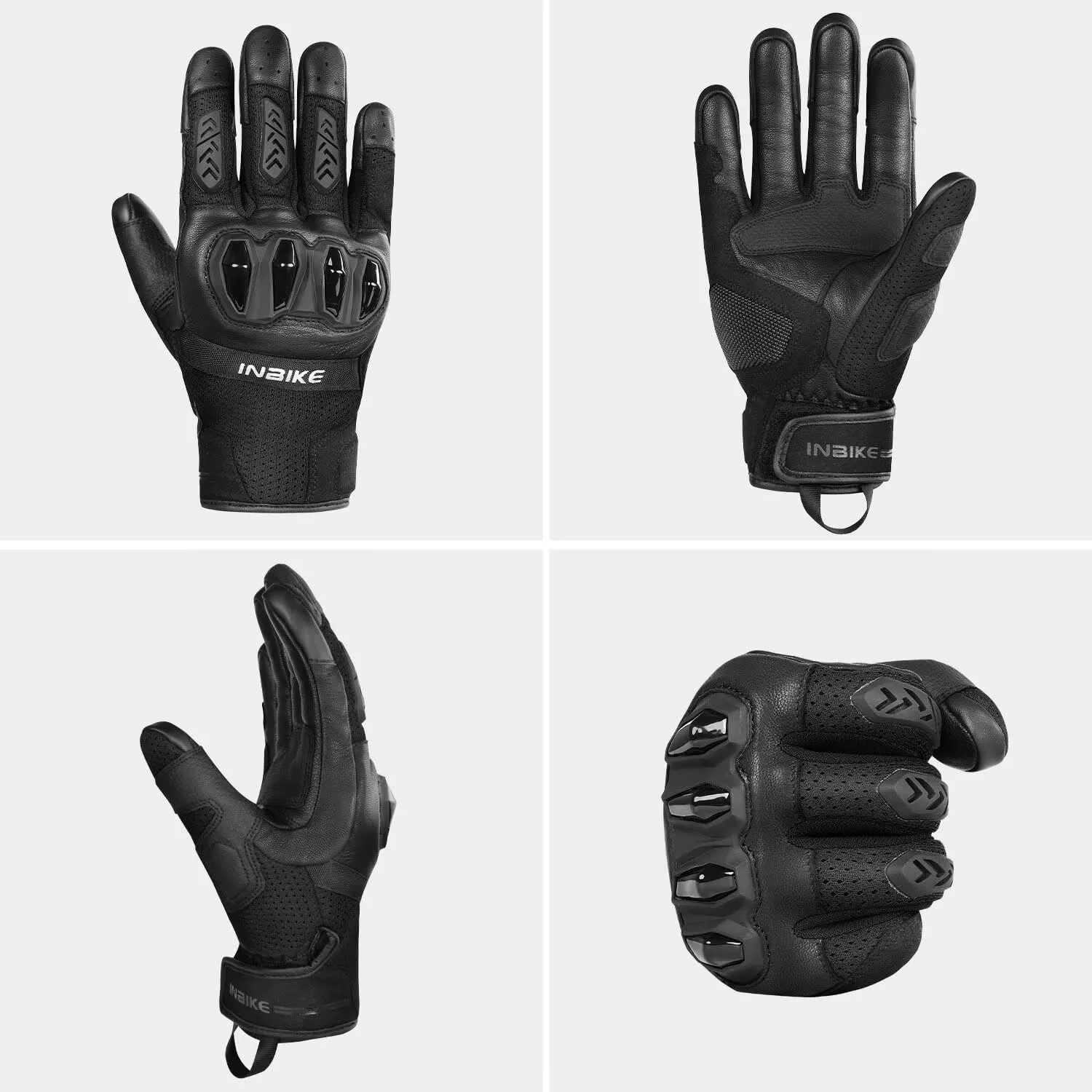 INBIKE Men's Premium Leather Motorcycle Gloves, Hard Knuckle Shell Protection, Breathable Mesh, Leather Gel Palm, Touchscreen Motorbike Riding Gloves for ATV BMX MTB
