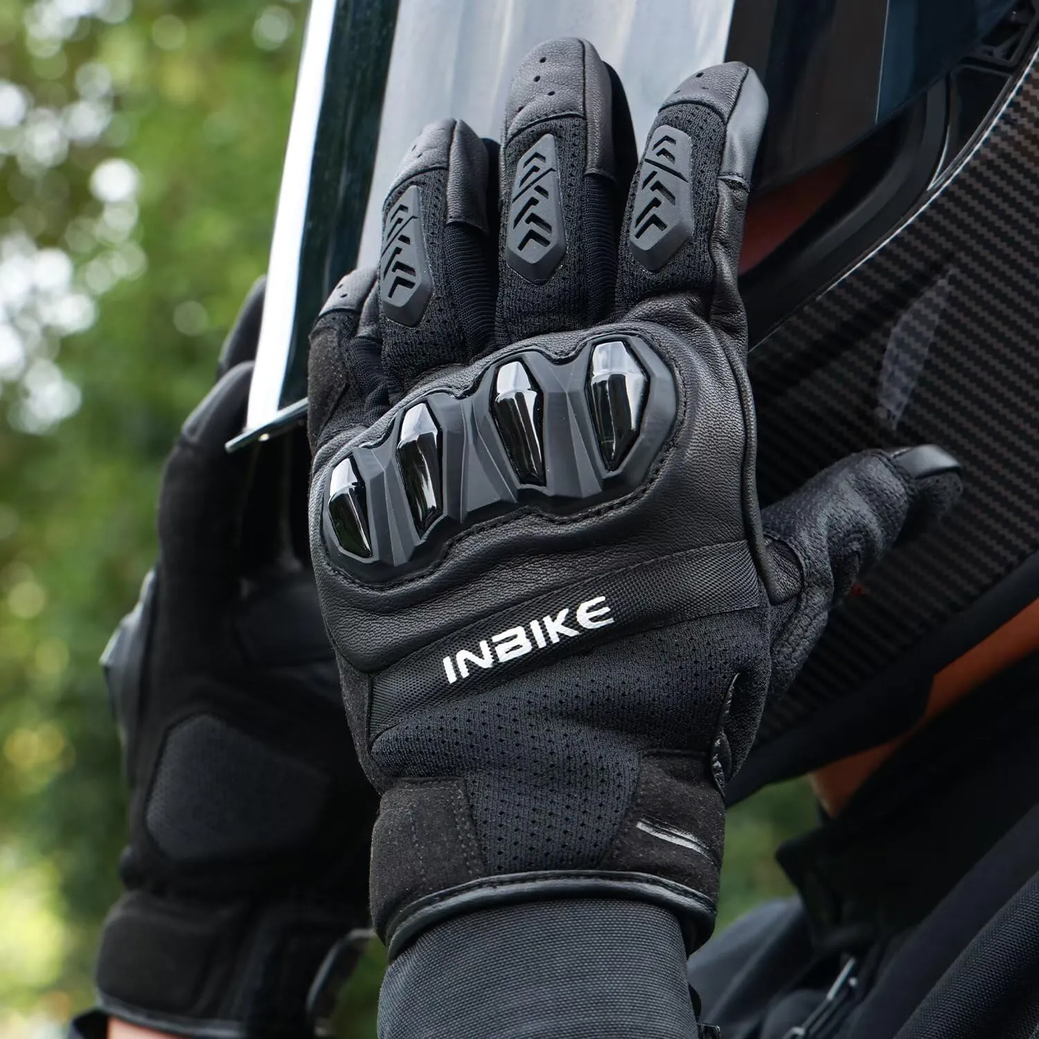 INBIKE Men's Premium Leather Motorcycle Gloves, Hard Knuckle Shell Protection, Breathable Mesh, Leather Gel Palm, Touchscreen Motorbike Riding Gloves for ATV BMX MTB