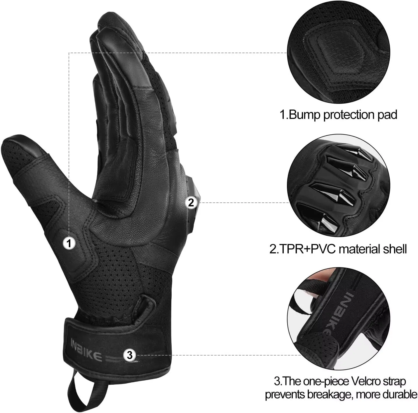 INBIKE Men's Premium Leather Motorcycle Gloves, Hard Knuckle Shell Protection, Breathable Mesh, Leather Gel Palm, Touchscreen Motorbike Riding Gloves for ATV BMX MTB