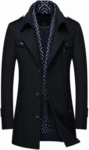 INVACHI Men's Wool Blend Coat Warm Winter Trench Coat with Detachable Soft Scarf Single Breasted Pea Coat