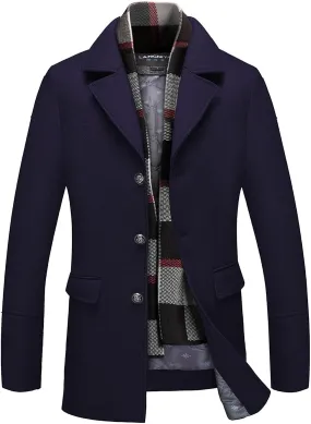 INVACHI Men's Wool Blend Pea Coat Warm Winter Trench Coat with Detachable Soft Scarf Single Breasted Overcoat