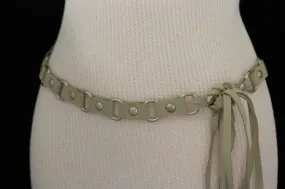 Ivory Beige Tie Waist Faux Suede Belt Silver Metal Rings S M