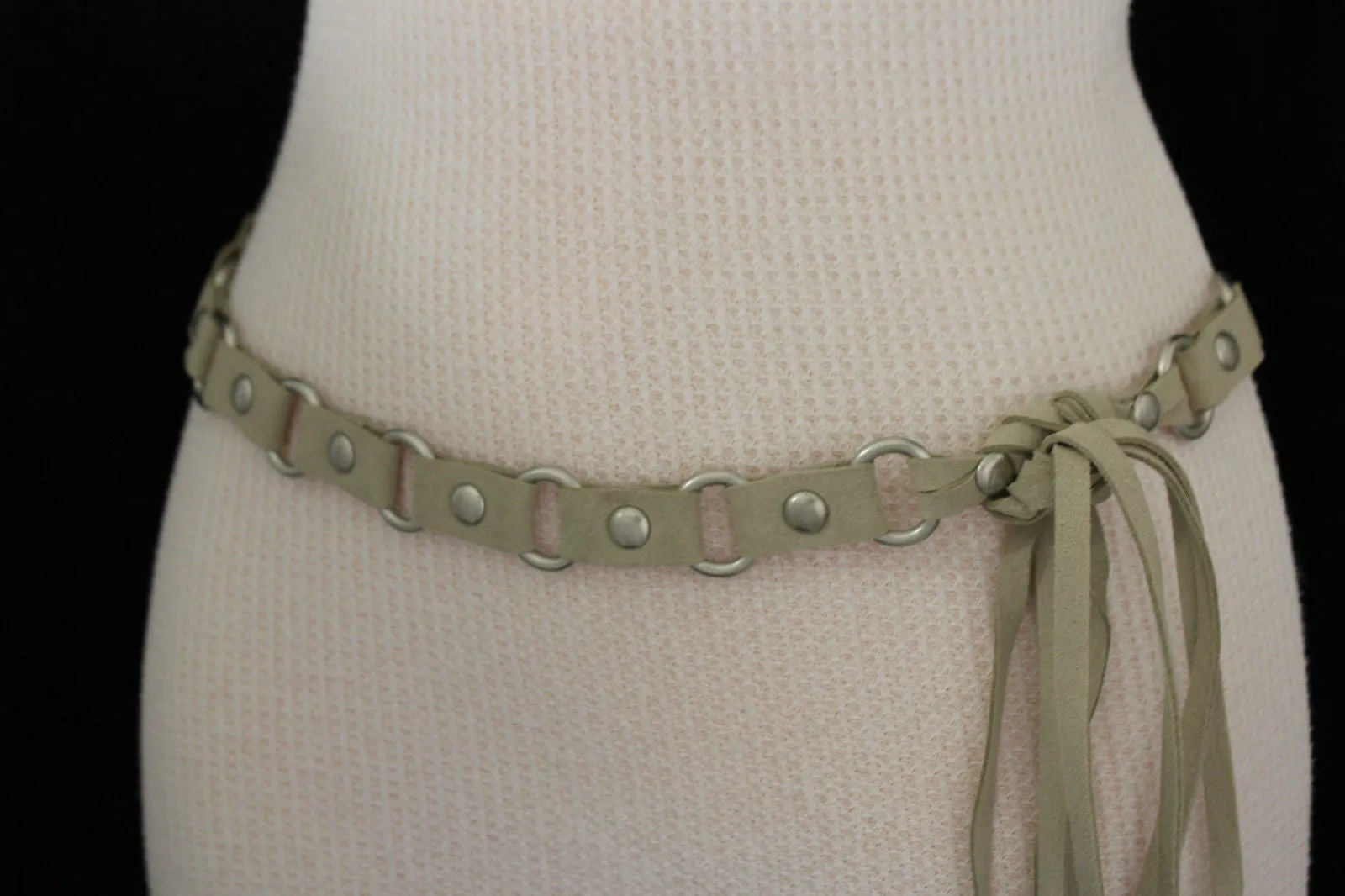 Ivory Beige Tie Waist Faux Suede Belt Silver Metal Rings S M