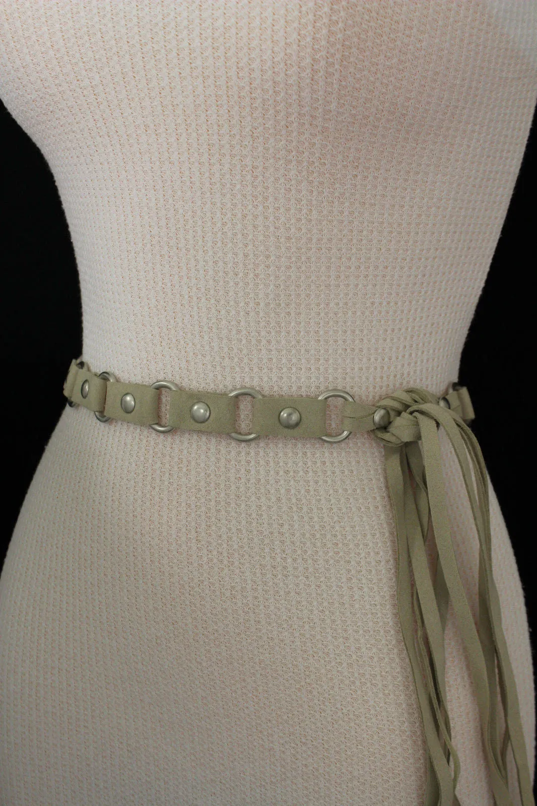 Ivory Beige Tie Waist Faux Suede Belt Silver Metal Rings S M