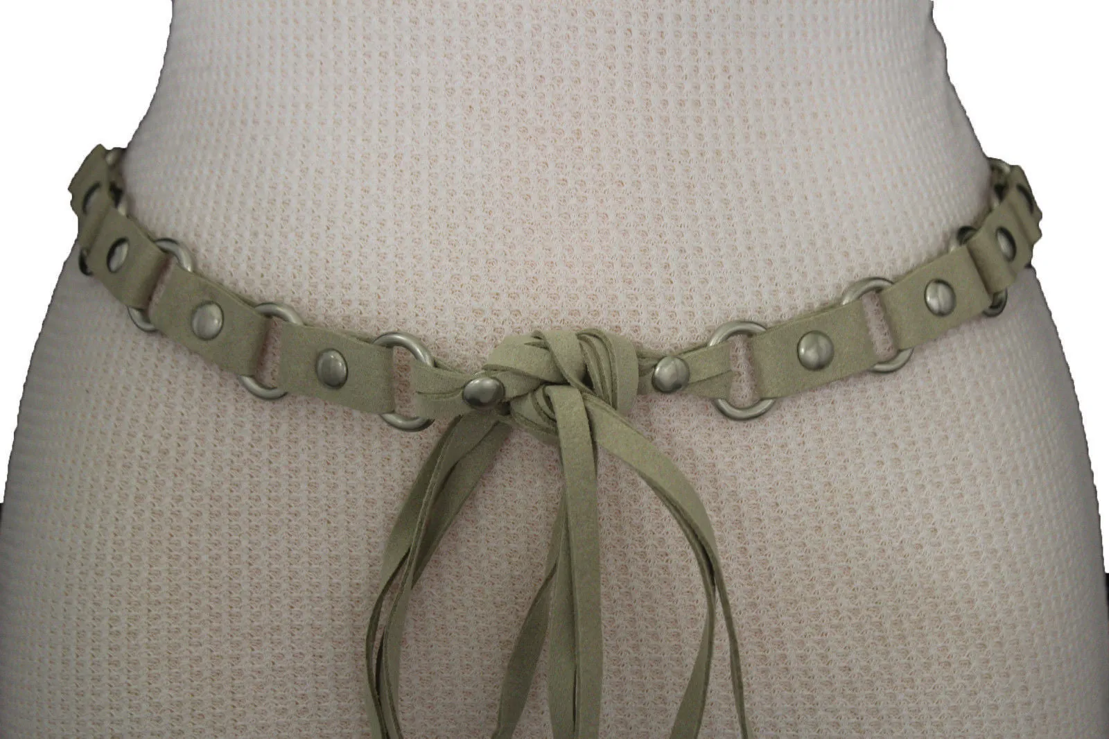 Ivory Beige Tie Waist Faux Suede Belt Silver Metal Rings S M