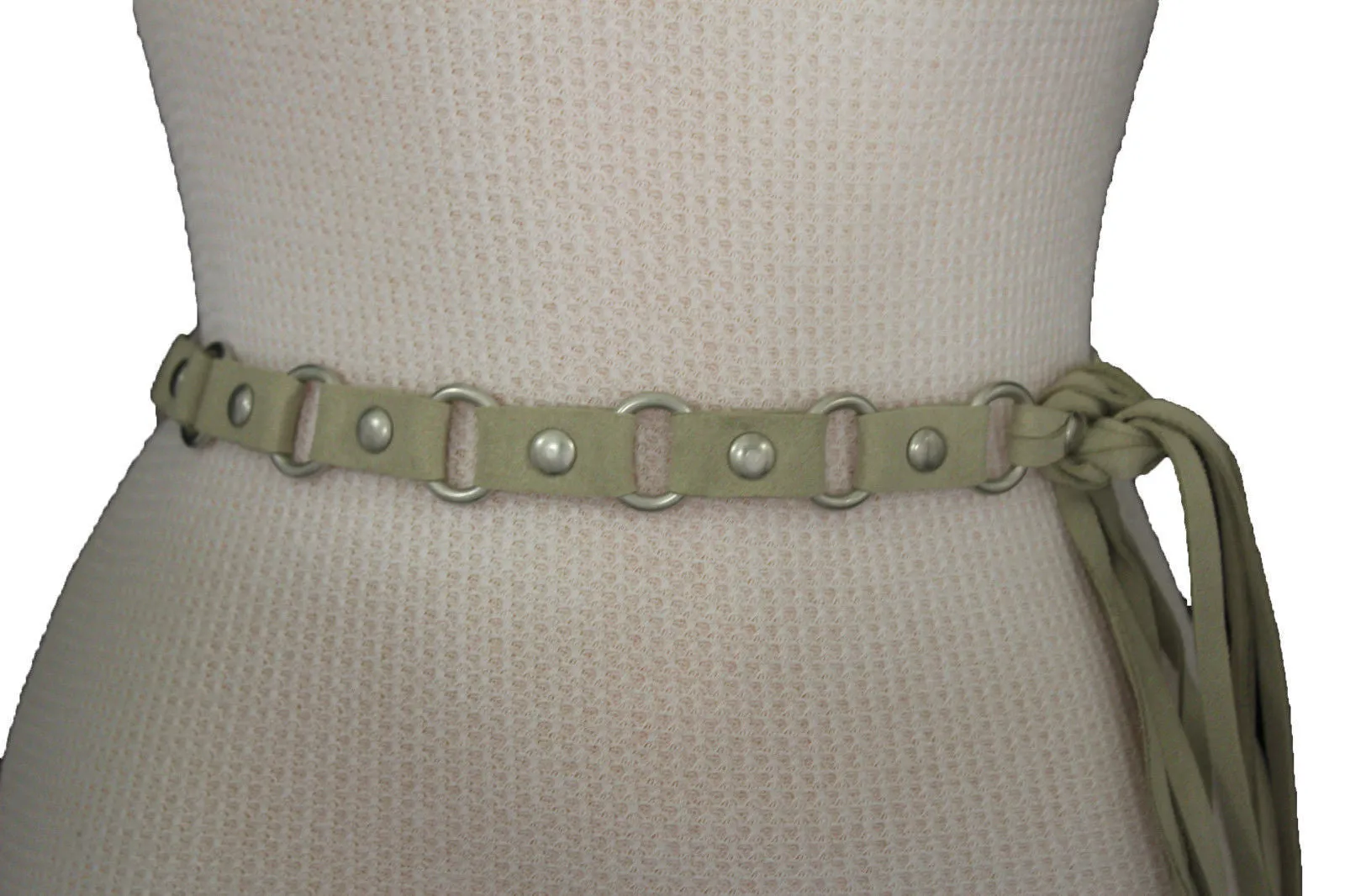 Ivory Beige Tie Waist Faux Suede Belt Silver Metal Rings S M
