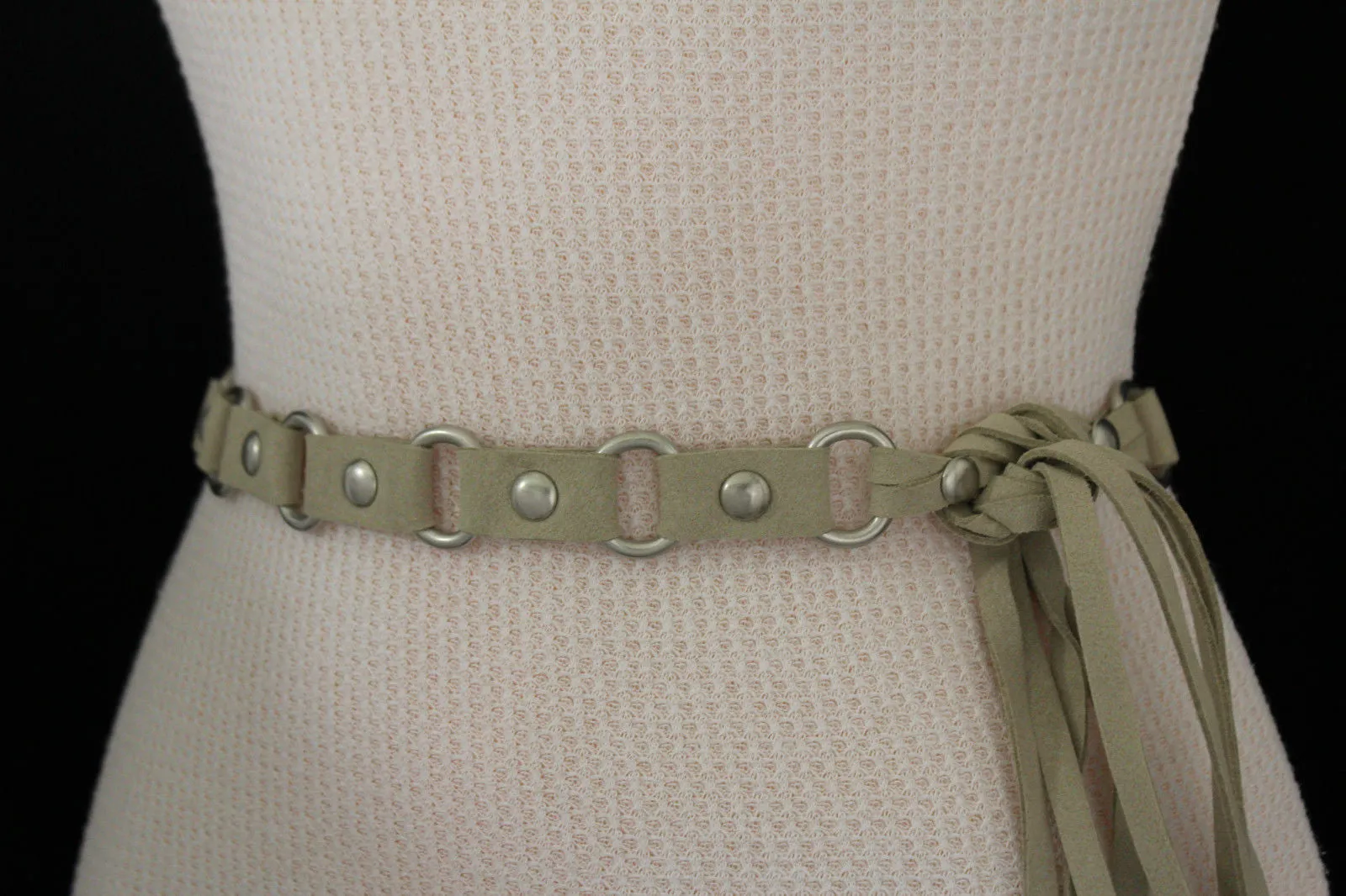 Ivory Beige Tie Waist Faux Suede Belt Silver Metal Rings S M