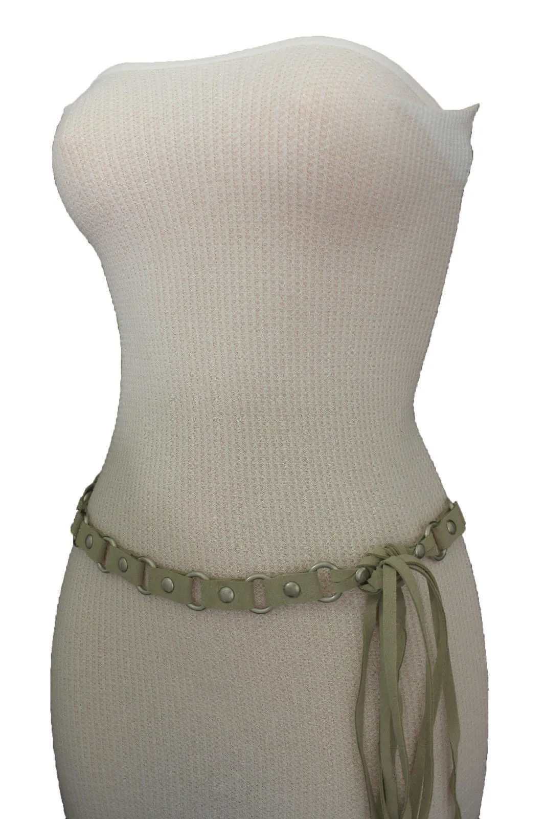 Ivory Beige Tie Waist Faux Suede Belt Silver Metal Rings S M