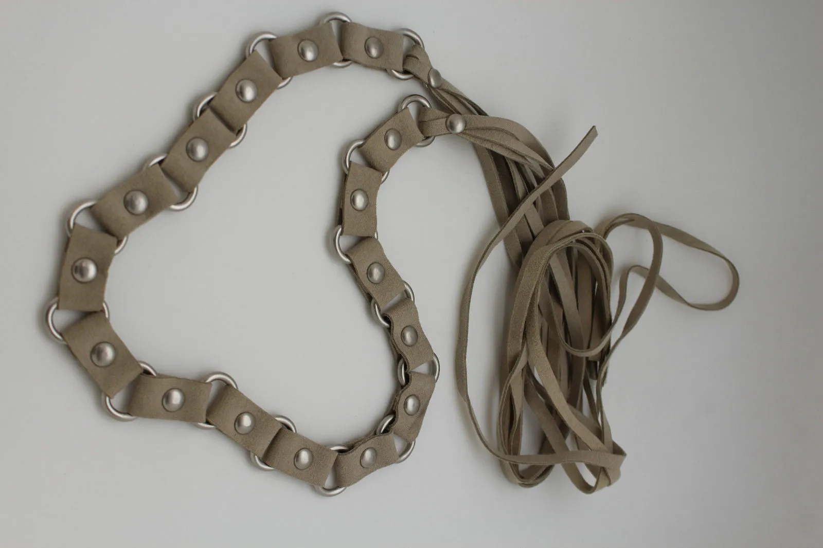 Ivory Beige Tie Waist Faux Suede Belt Silver Metal Rings S M
