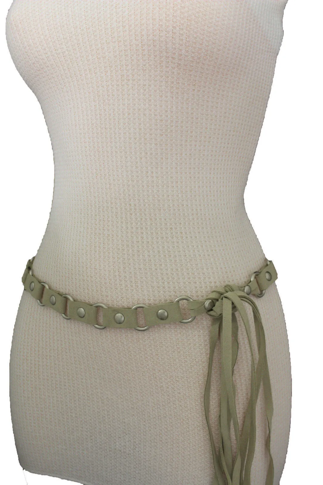 Ivory Beige Tie Waist Faux Suede Belt Silver Metal Rings S M