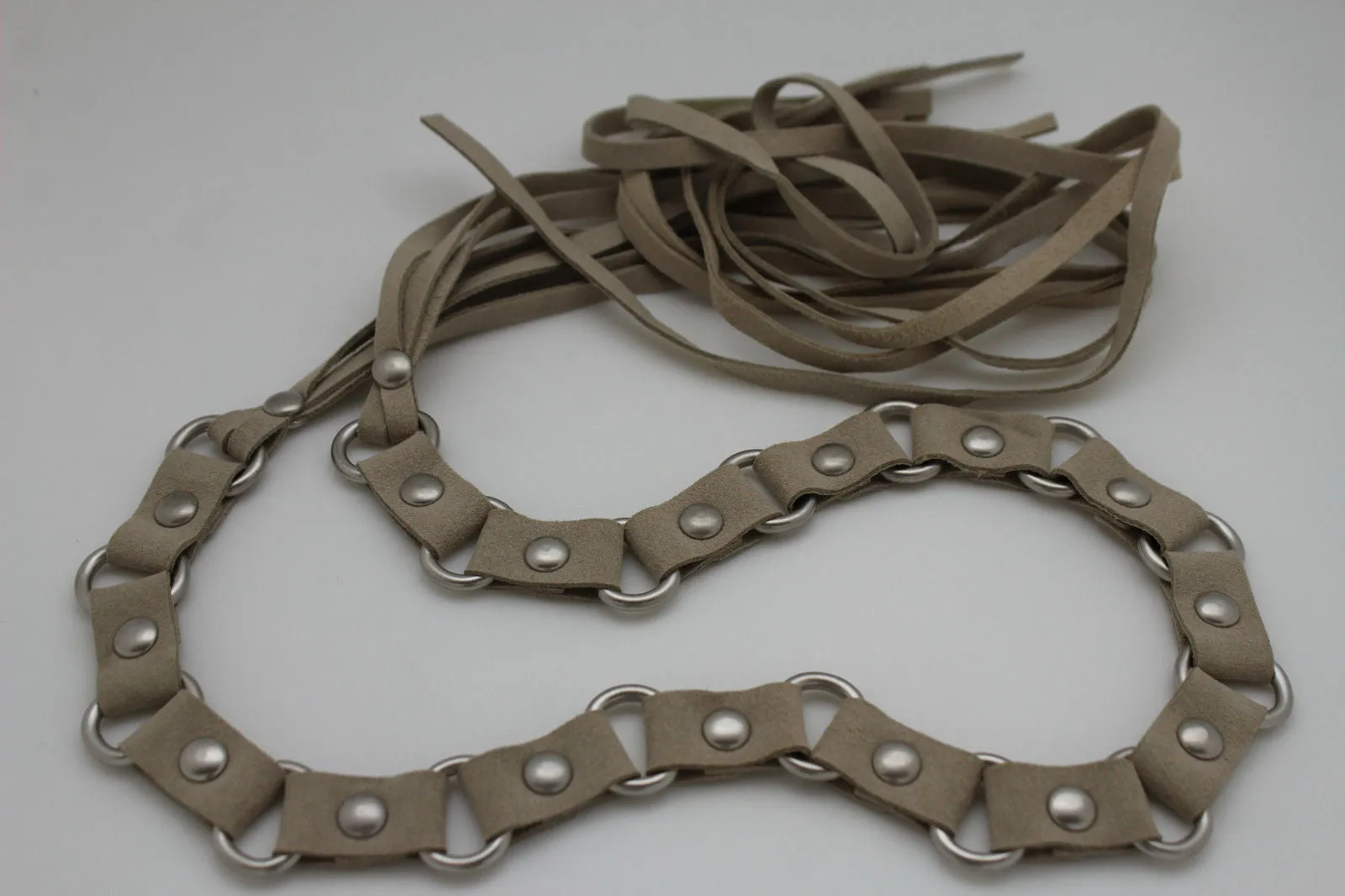 Ivory Beige Tie Waist Faux Suede Belt Silver Metal Rings S M