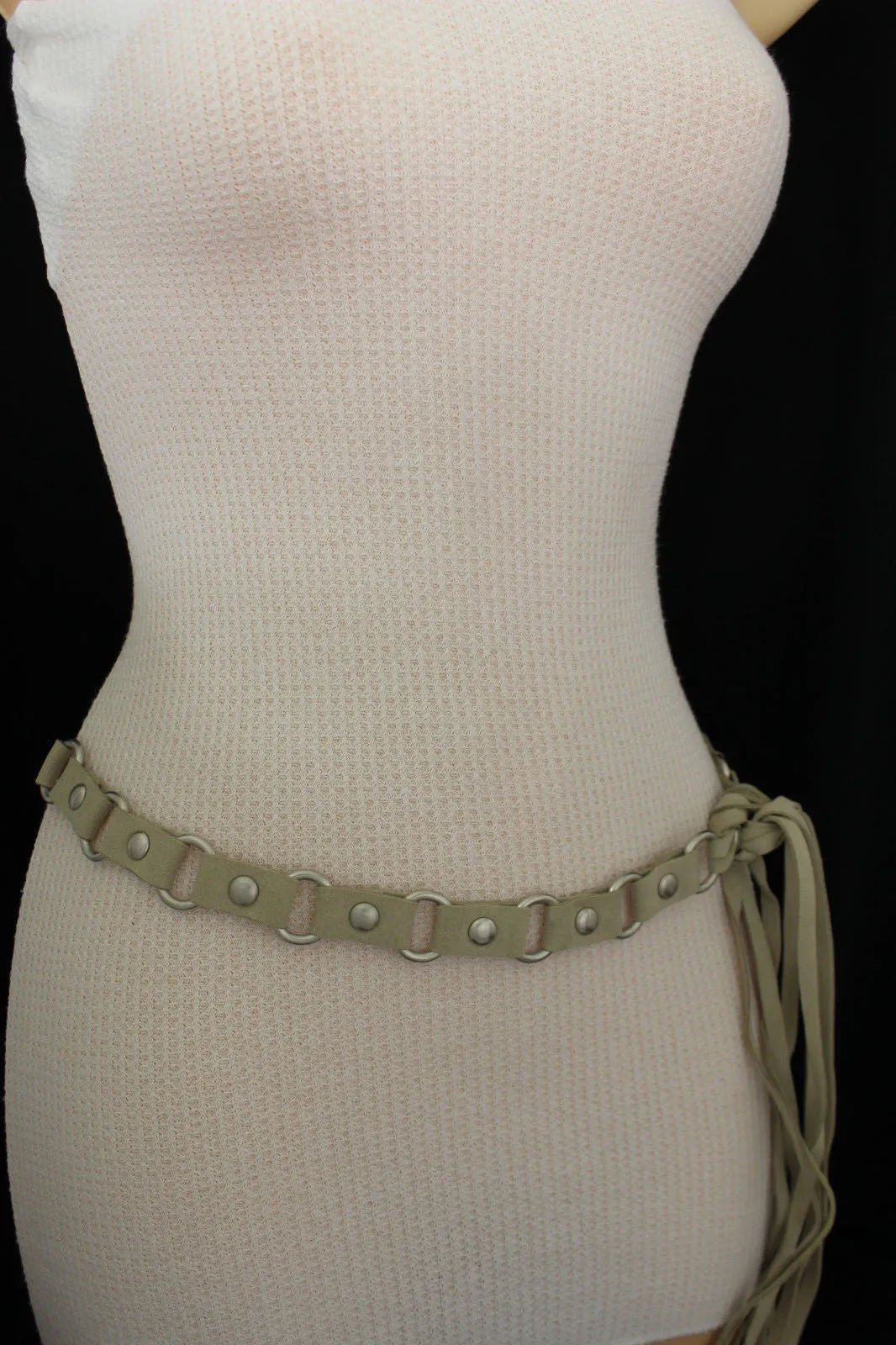 Ivory Beige Tie Waist Faux Suede Belt Silver Metal Rings S M