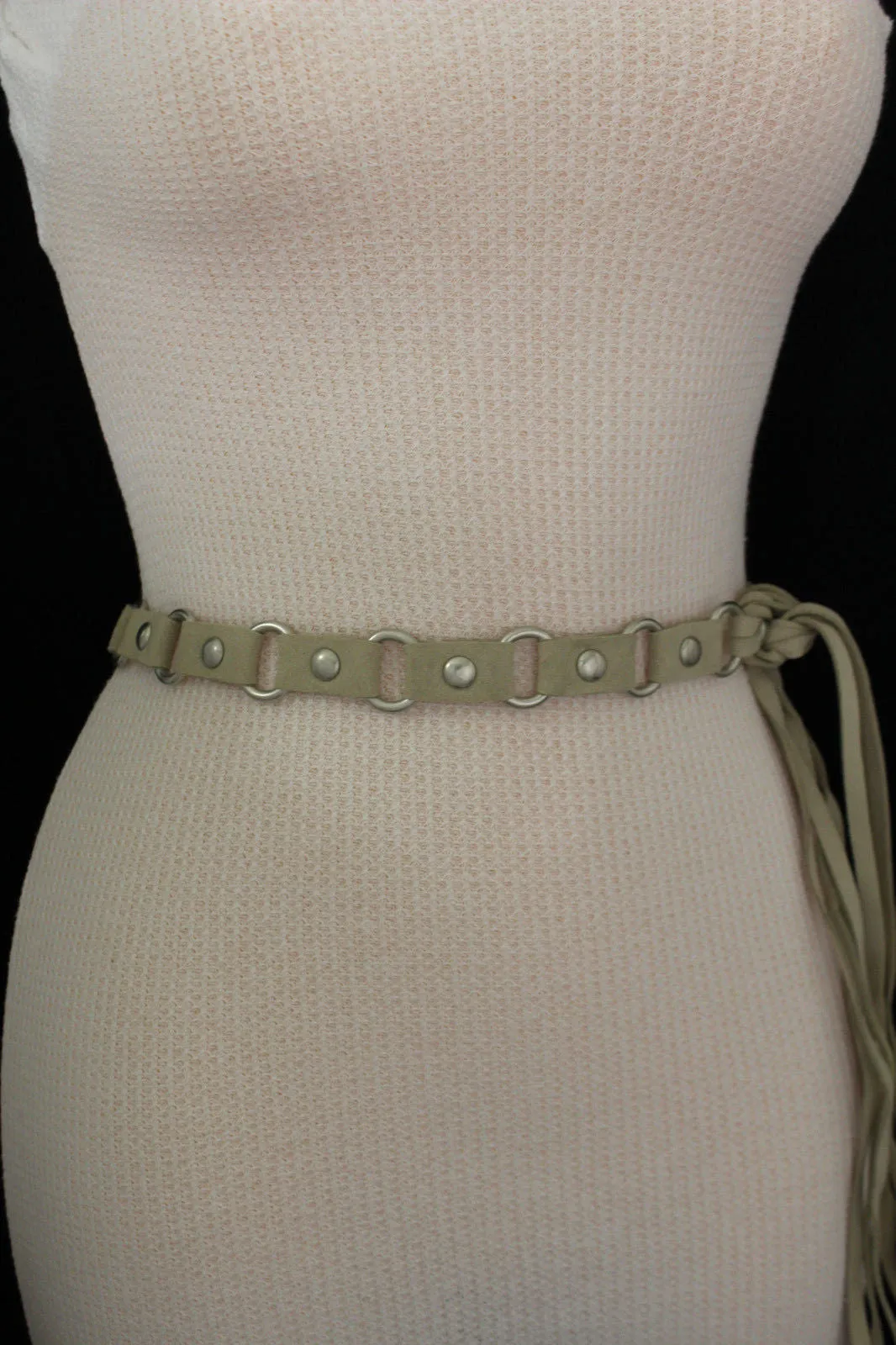 Ivory Beige Tie Waist Faux Suede Belt Silver Metal Rings S M
