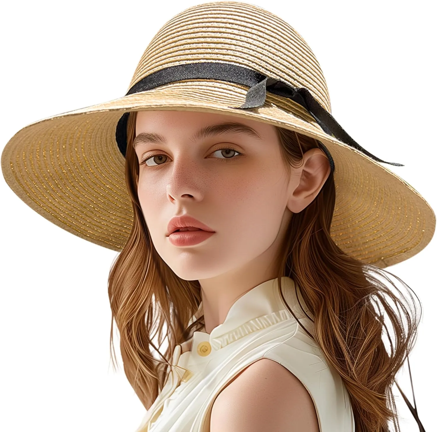 Jardim Sun Hat for Women, 3.9" Wide Brim Foldable Straw Hat with Chin Strap, with Shaping Wire, UV Protection with Bow Belt