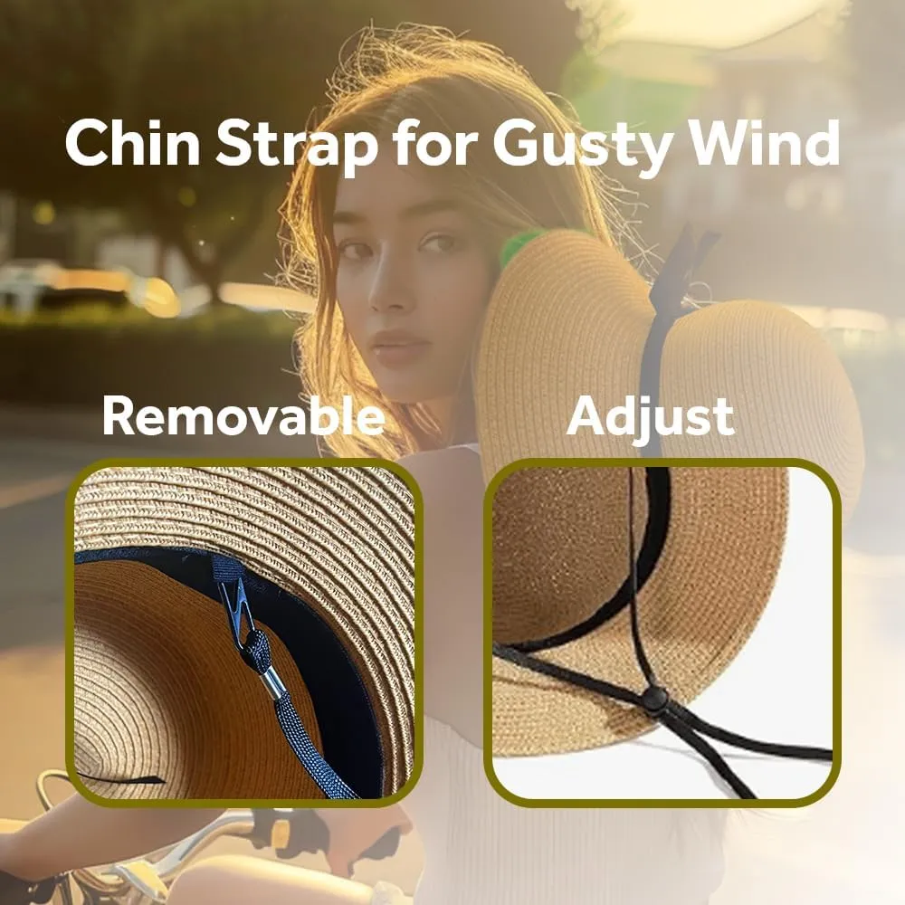 Jardim Sun Hat for Women, 3.9" Wide Brim Foldable Straw Hat with Chin Strap, with Shaping Wire, UV Protection with Bow Belt