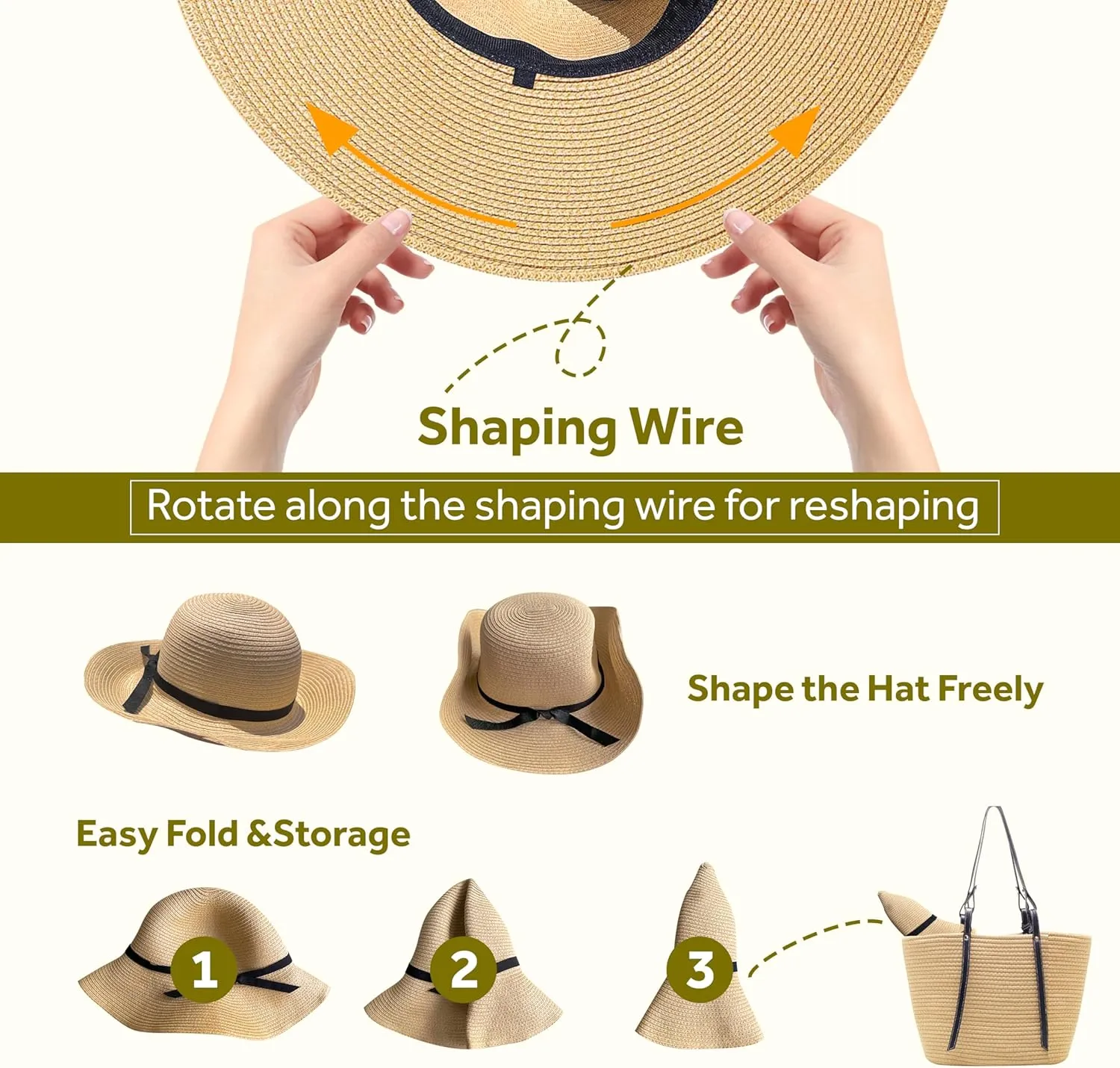 Jardim Sun Hat for Women, 3.9" Wide Brim Foldable Straw Hat with Chin Strap, with Shaping Wire, UV Protection with Bow Belt