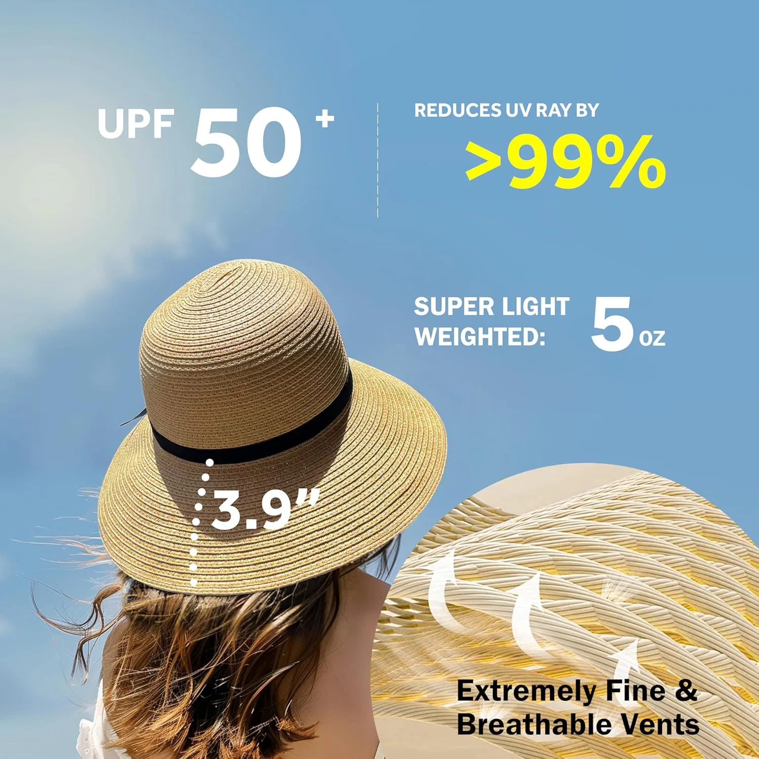 Jardim Sun Hat for Women, 3.9" Wide Brim Foldable Straw Hat with Chin Strap, with Shaping Wire, UV Protection with Bow Belt