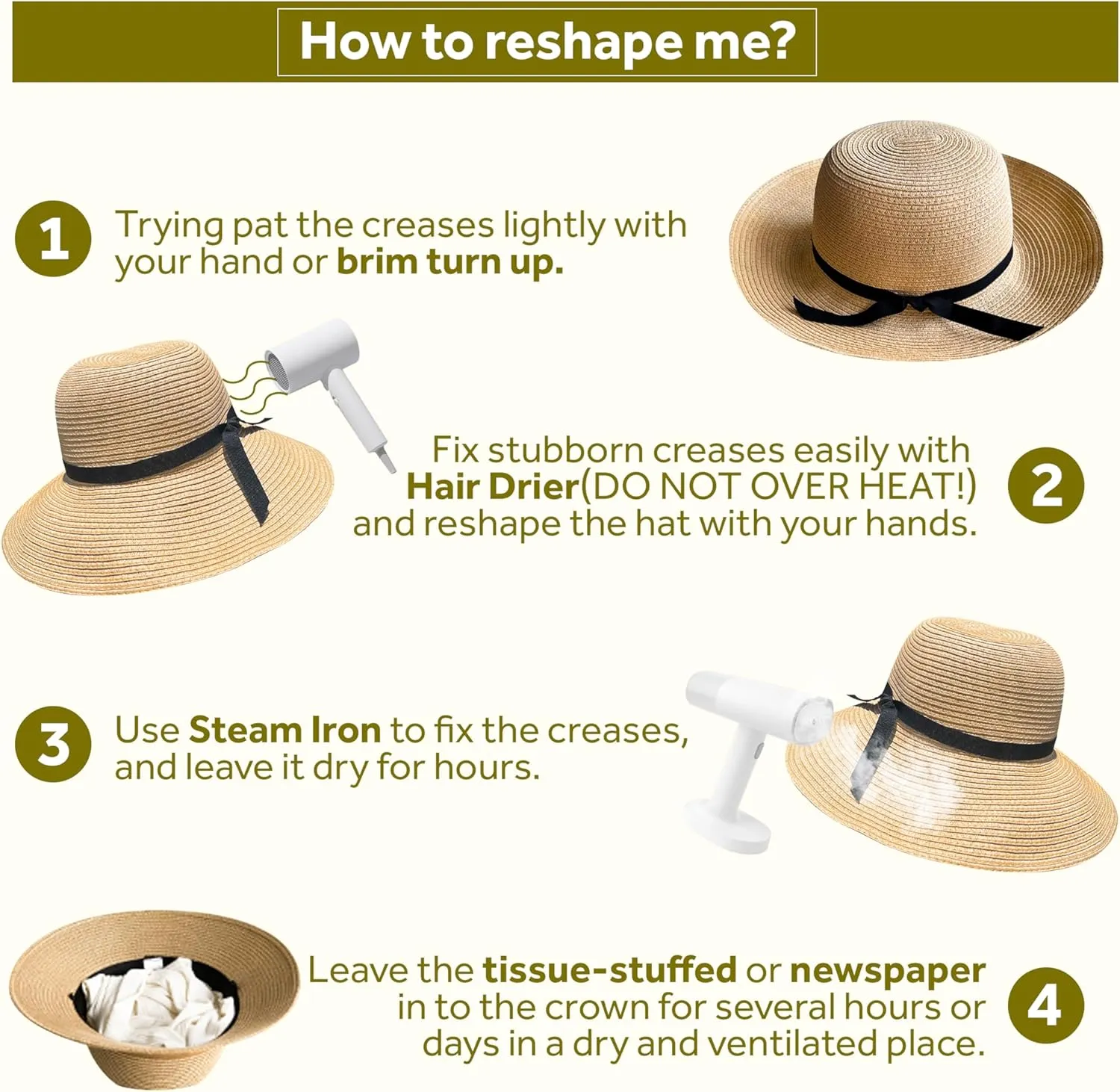 Jardim Sun Hat for Women, 3.9" Wide Brim Foldable Straw Hat with Chin Strap, with Shaping Wire, UV Protection with Bow Belt