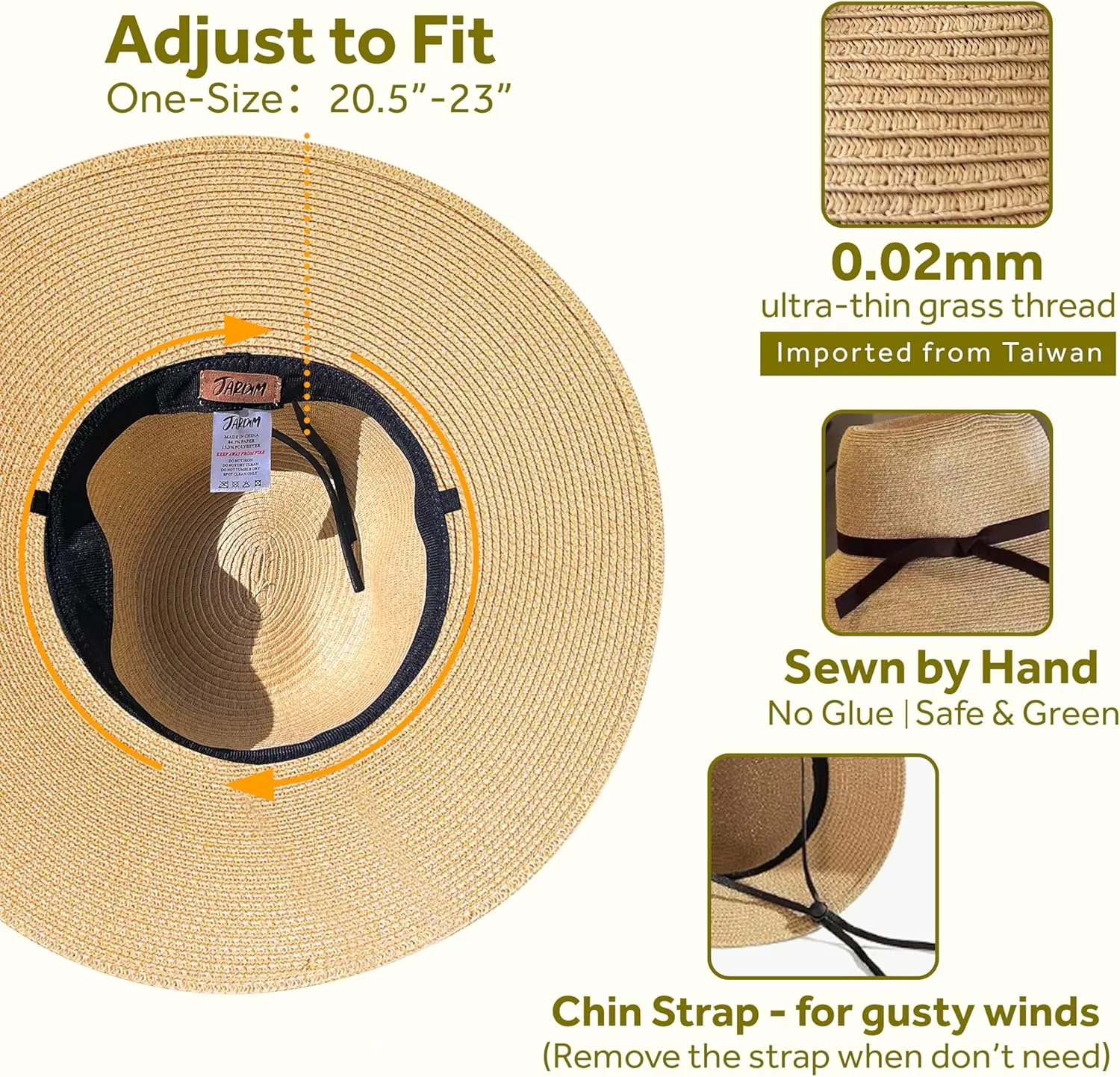 Jardim Sun Hat for Women, 3.9" Wide Brim Foldable Straw Hat with Chin Strap, with Shaping Wire, UV Protection with Bow Belt