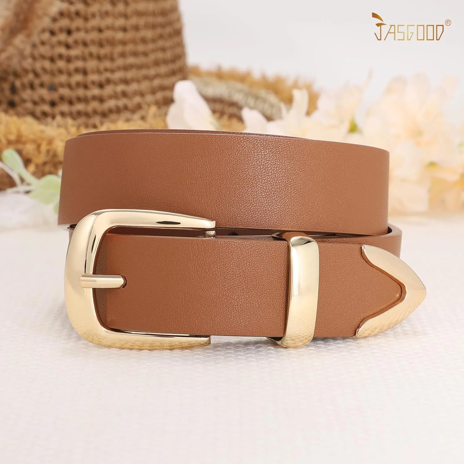 JASGOOD Women's Fashion Leather Belt Ladies Gold Buckle Leather Belt for Jeans Pants Dresses