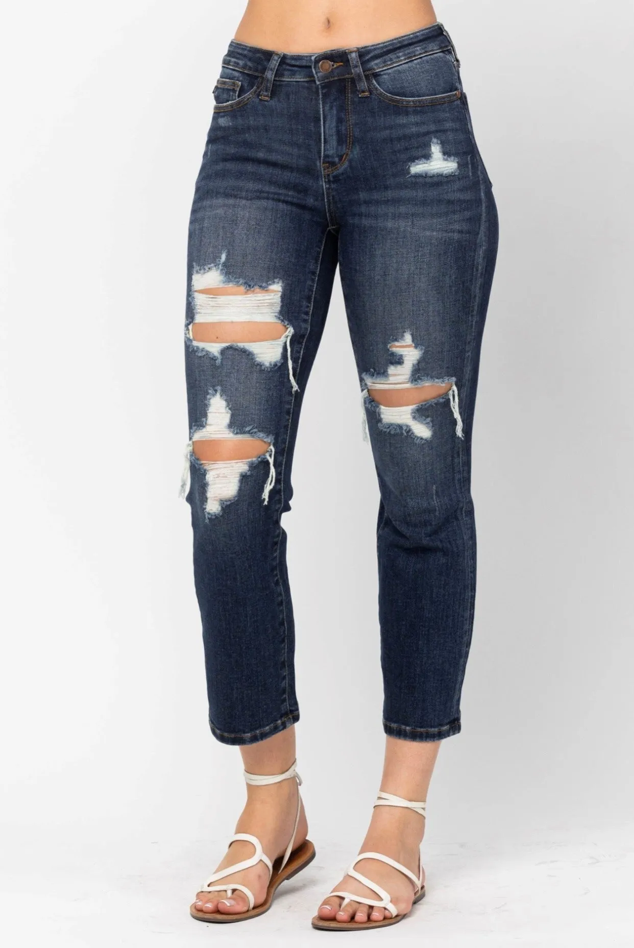 Judy Blue Mid-Rise Ripped Cropped Straight Leg Jeans