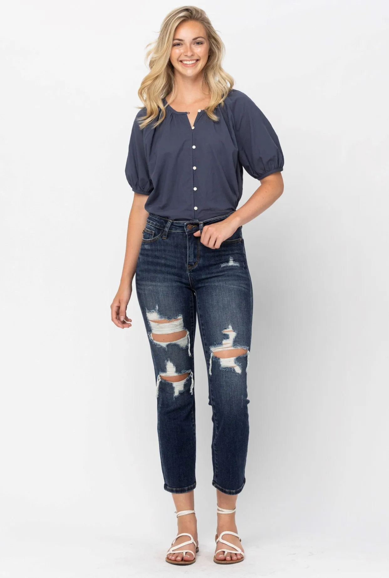 Judy Blue Mid-Rise Ripped Cropped Straight Leg Jeans