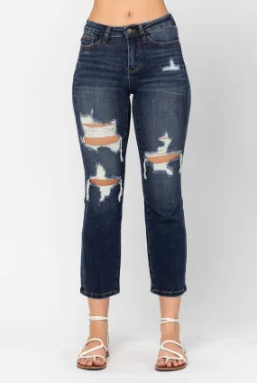 Judy Blue Mid-Rise Ripped Cropped Straight Leg Jeans