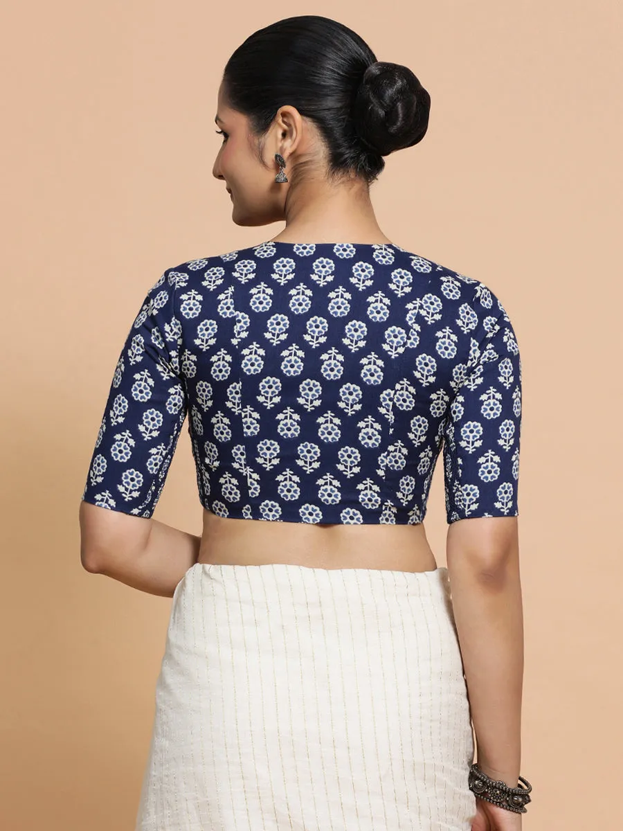 Kirti x Rozaana | Elbow Sleeves Cotton Saree Blouse in Indigo Blue Flower Block Print Fabric