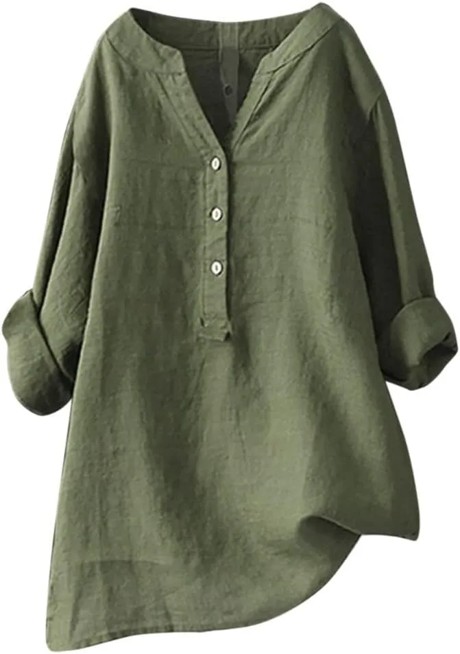 Linen Button Down Shirt Women Cap Sleeve Bell Sleeve Round Collar Work Office Shirt Blouse