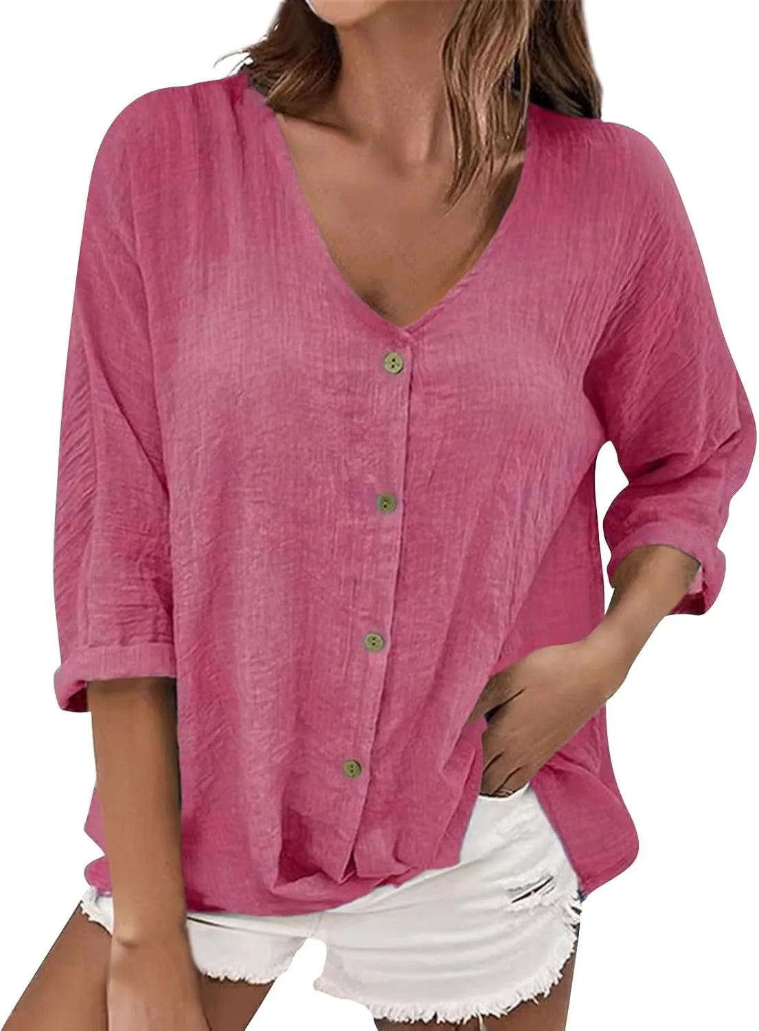 Linen Button Down Shirt Women V Neck 3/4 Sleeve Tops Summer Work Boho Plus Size Tunics Elegant Dressy Casual Blouses