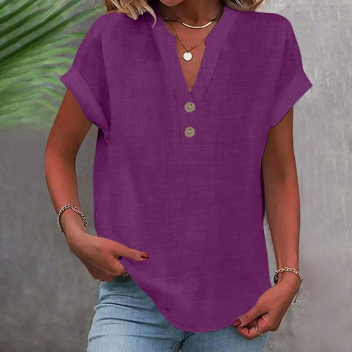 Linen Shirts for Women Trendy Casual Short Sleeve V Neck Shirts Plus Size Loose Summer Breathable Cozy Solid Blouse