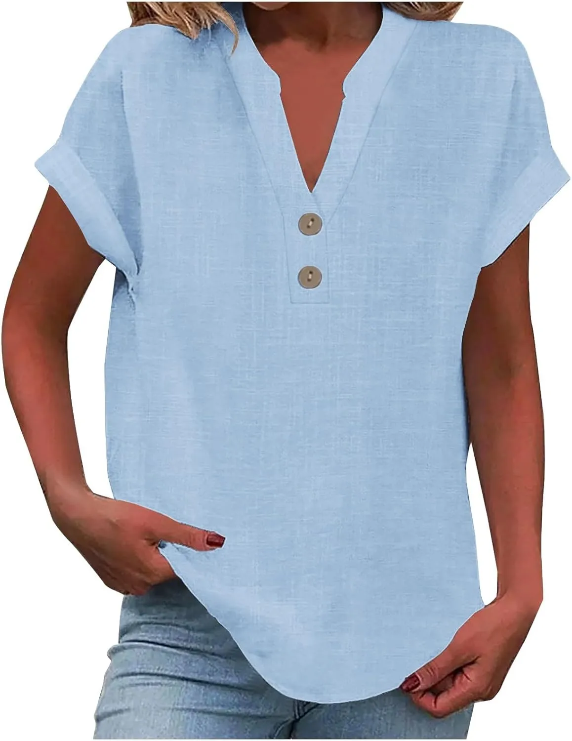 Linen Shirts for Women Trendy Casual Short Sleeve V Neck Shirts Plus Size Loose Summer Breathable Cozy Solid Blouse