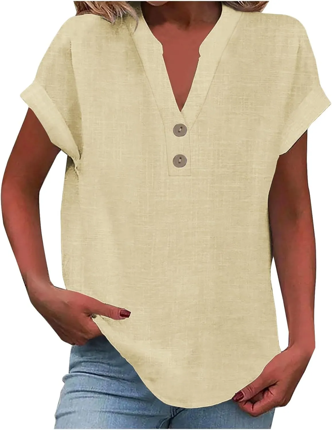 Linen Shirts for Women Trendy Casual Short Sleeve V Neck Shirts Plus Size Loose Summer Breathable Cozy Solid Blouse