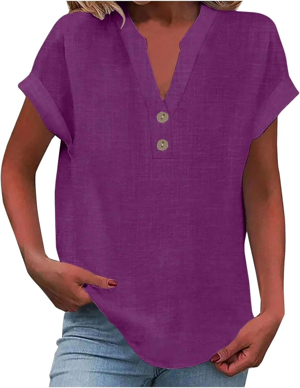 Linen Shirts for Women Trendy Casual Short Sleeve V Neck Shirts Plus Size Loose Summer Breathable Cozy Solid Blouse