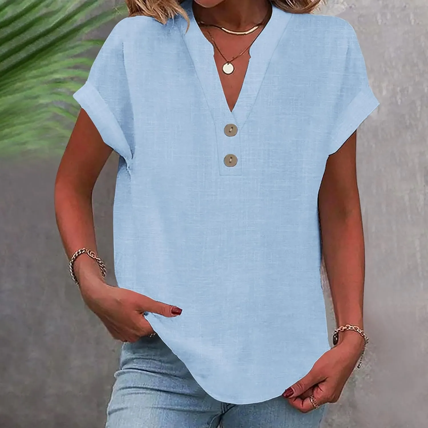 Linen Shirts for Women Trendy Casual Short Sleeve V Neck Shirts Plus Size Loose Summer Breathable Cozy Solid Blouse
