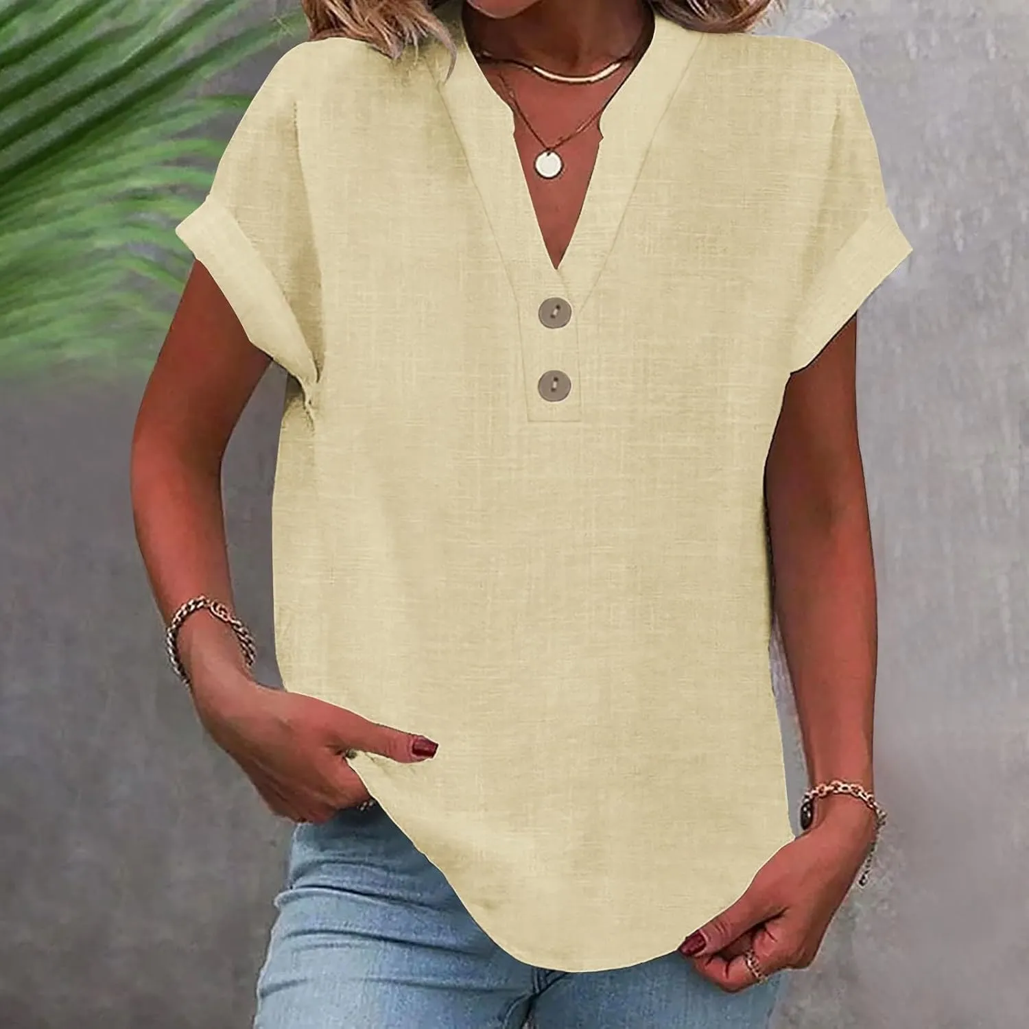 Linen Shirts for Women Trendy Casual Short Sleeve V Neck Shirts Plus Size Loose Summer Breathable Cozy Solid Blouse