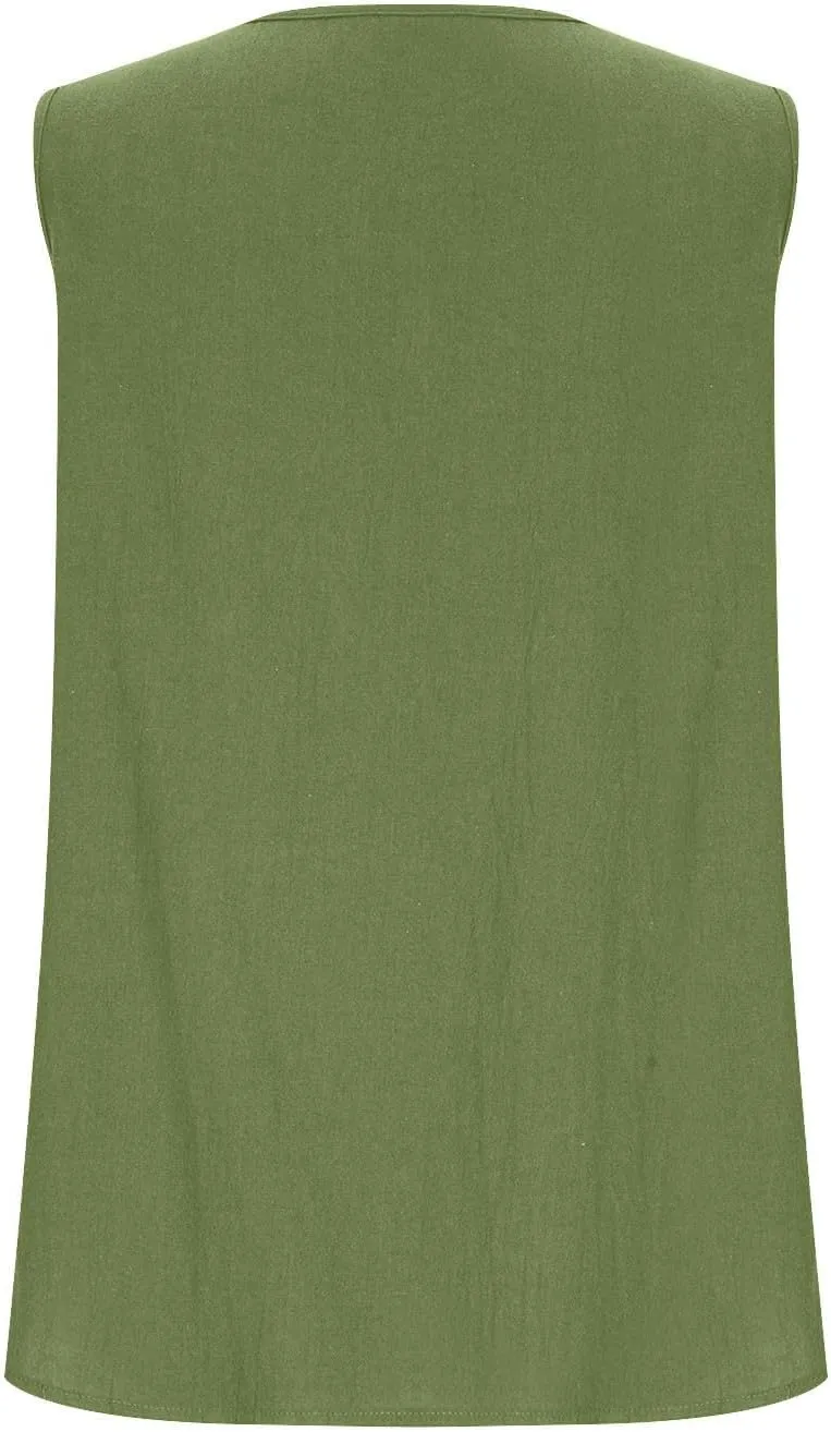 Linen Tank Tops for Women Summer Casual V Neck Sleeveless T-Shirts Basic Lightweight Breathable Pullover Tee Shirts