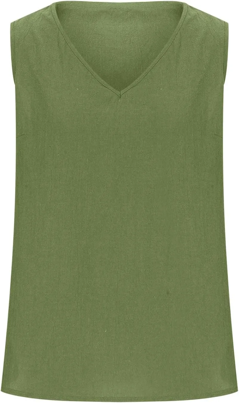 Linen Tank Tops for Women Summer Casual V Neck Sleeveless T-Shirts Basic Lightweight Breathable Pullover Tee Shirts
