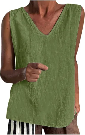 Linen Tank Tops for Women Summer Casual V Neck Sleeveless T-Shirts Basic Lightweight Breathable Pullover Tee Shirts
