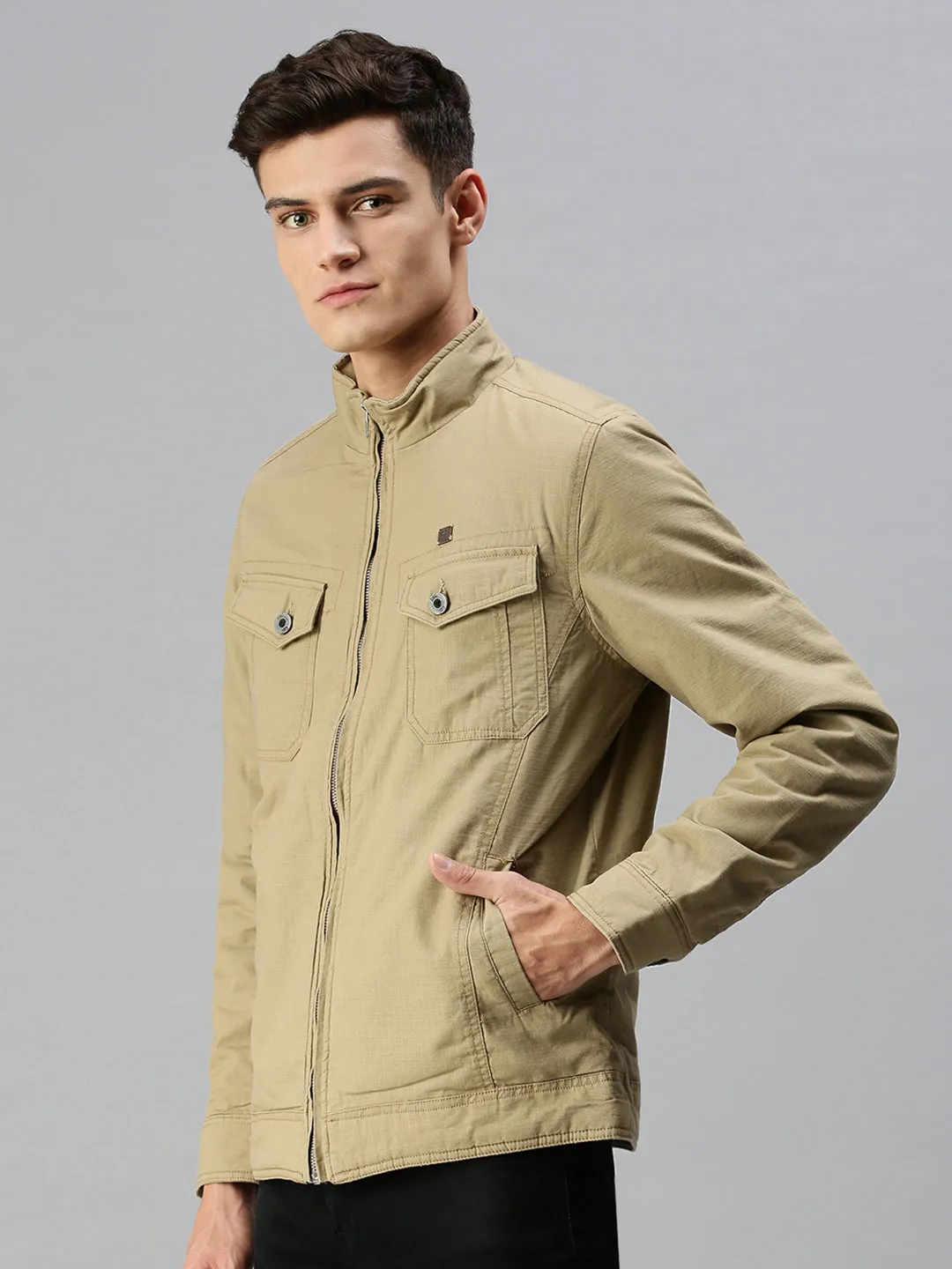 Men Solid Khaki Biker Jacket