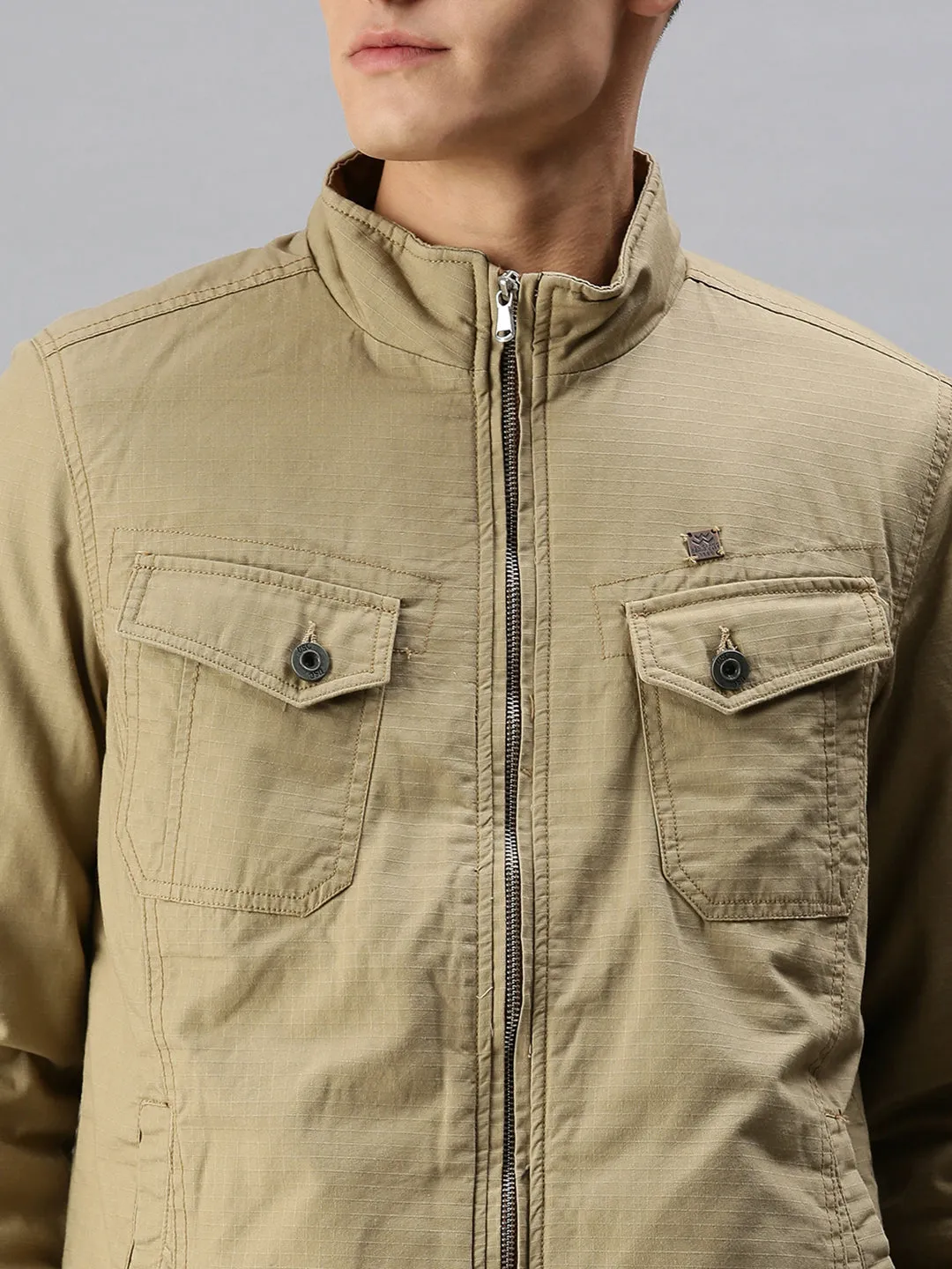 Men Solid Khaki Biker Jacket