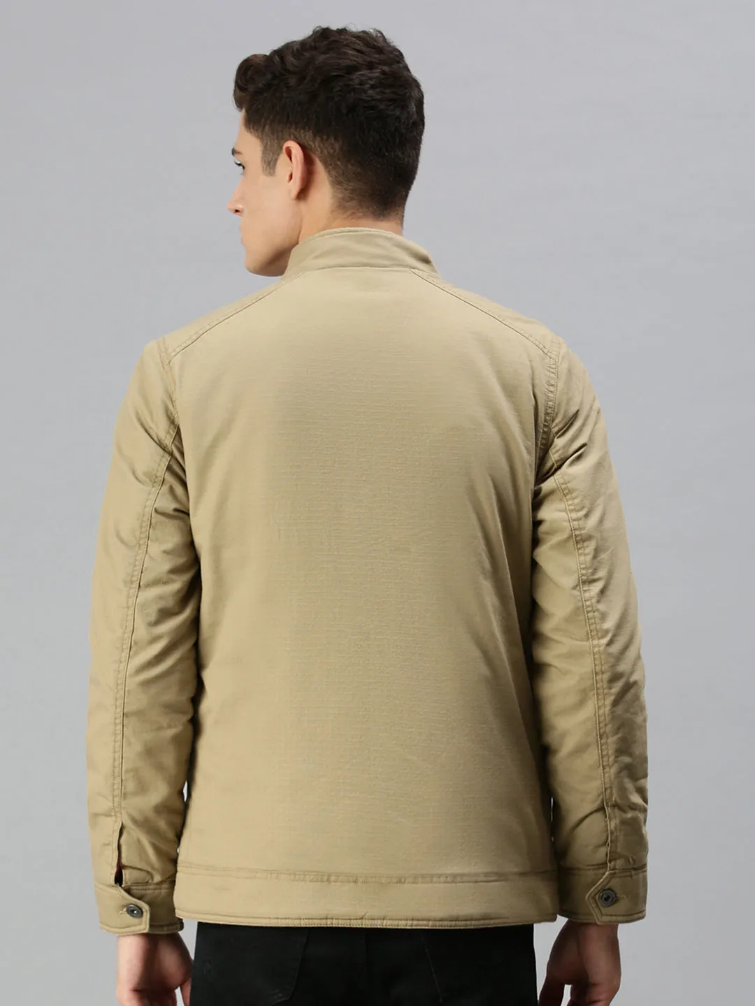 Men Solid Khaki Biker Jacket