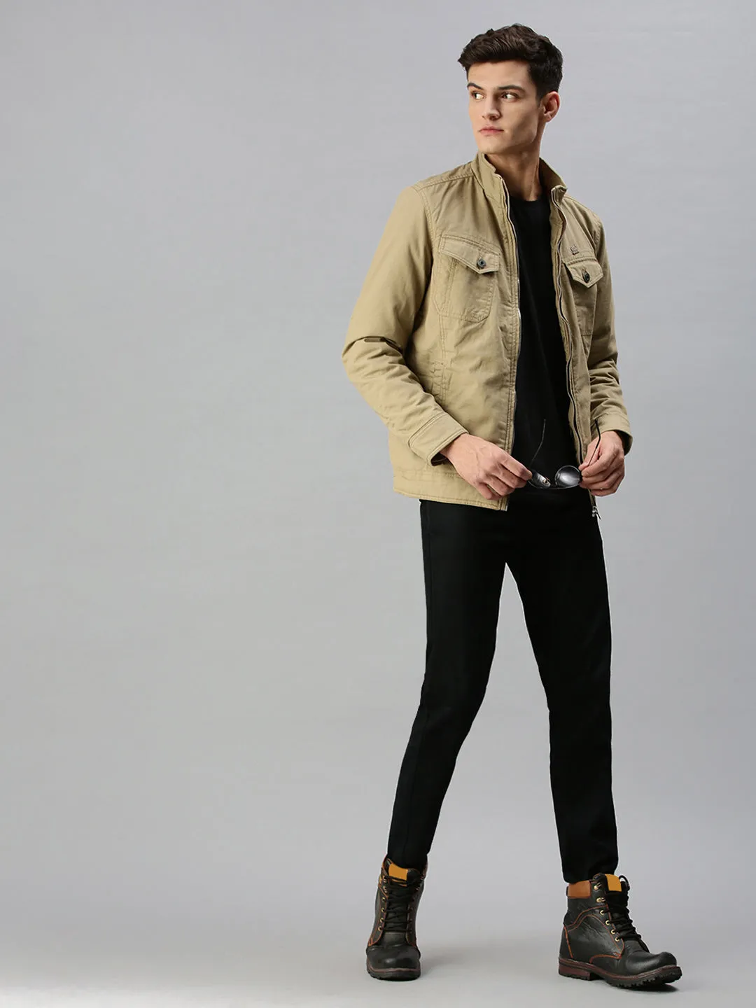 Men Solid Khaki Biker Jacket