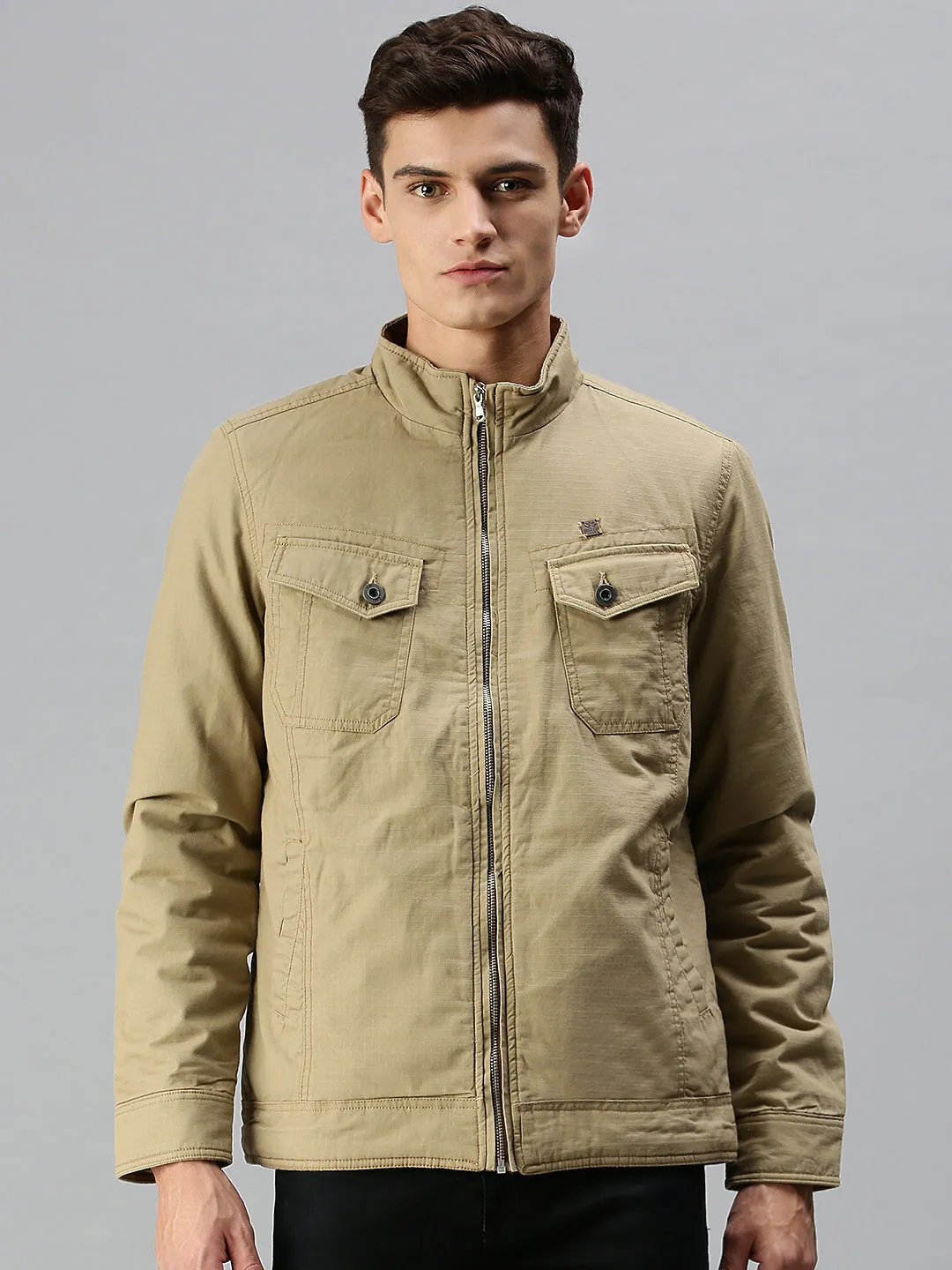 Men Solid Khaki Biker Jacket