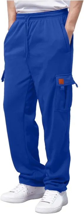 Men's Cotton Sweatpants Drawstring Baggy Wide Straight Leg Relaxed Fit Pants Business Trousers with Pocket