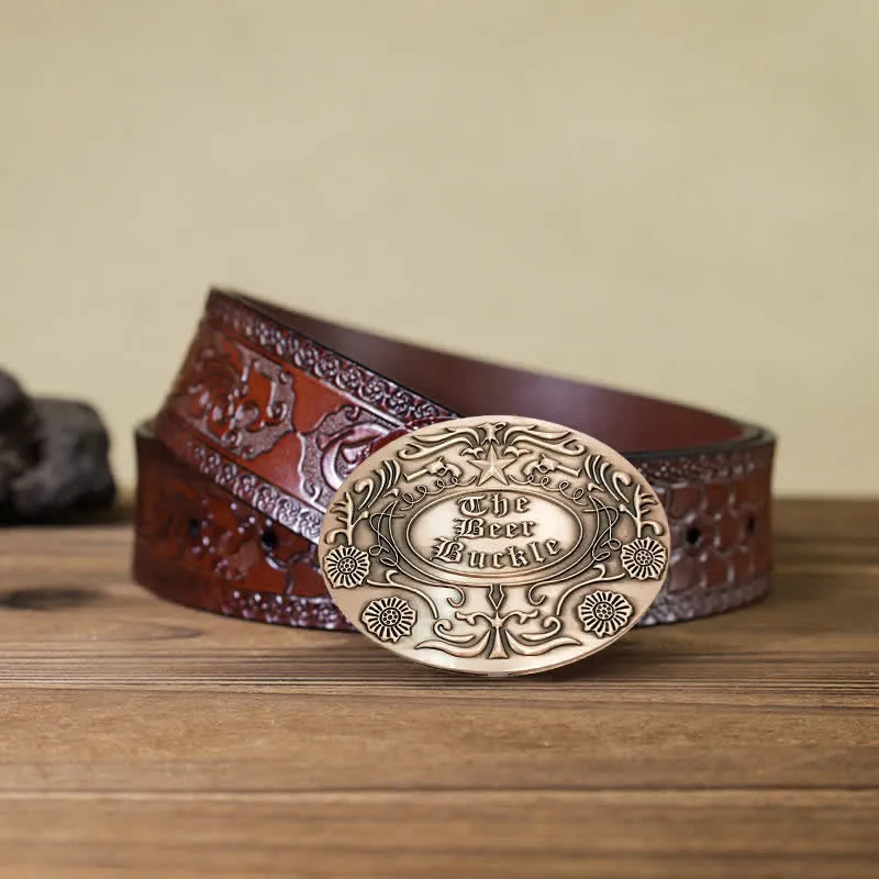 Men's DIY Engrave Flower Creative Beer Holder Buckle Leather Belt
