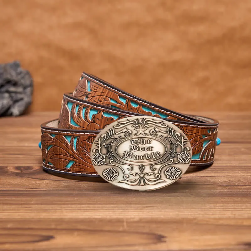 Men's DIY Engrave Flower Creative Beer Holder Buckle Leather Belt