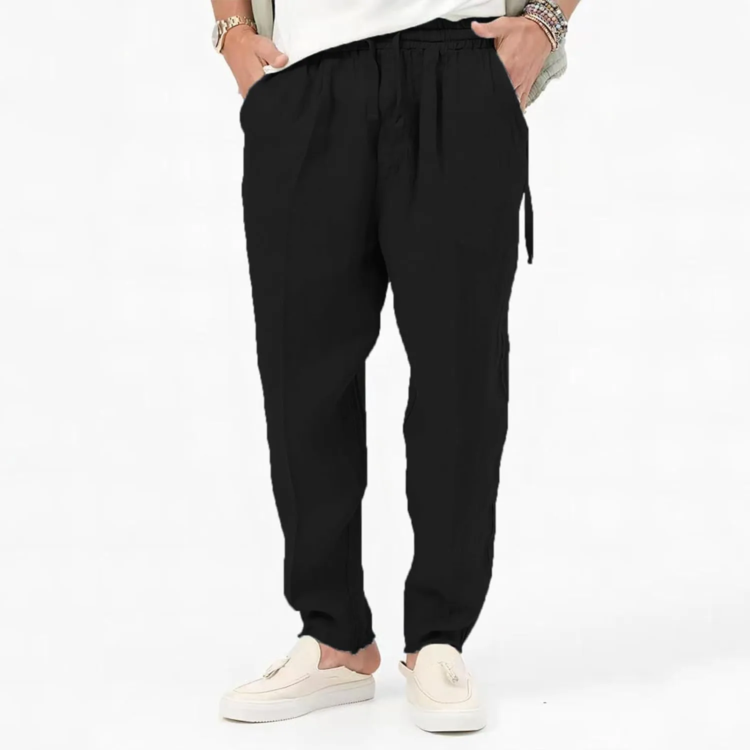 Mens Elastic Waist Pants Linen Drawstring Casual Pants Relaxed Fit Summer Beach Yoga Lightweight Trousers with Pocket